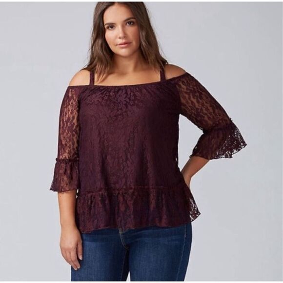 Lane Bryant Purple Lace Cold Shoulder Flare Blouse 18/20 - Picture 2 of 11